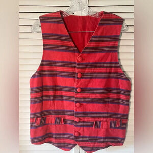 Vintage Vest Linen-Like Red Blue Striped Button Down Tie Back Medium